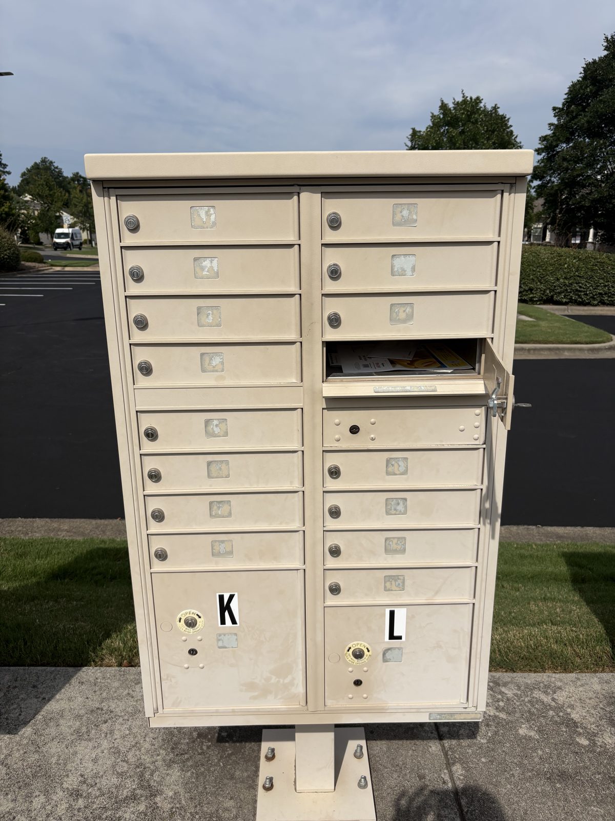 Community mailbox cluster near the clubhouse, with the open compartment being yours